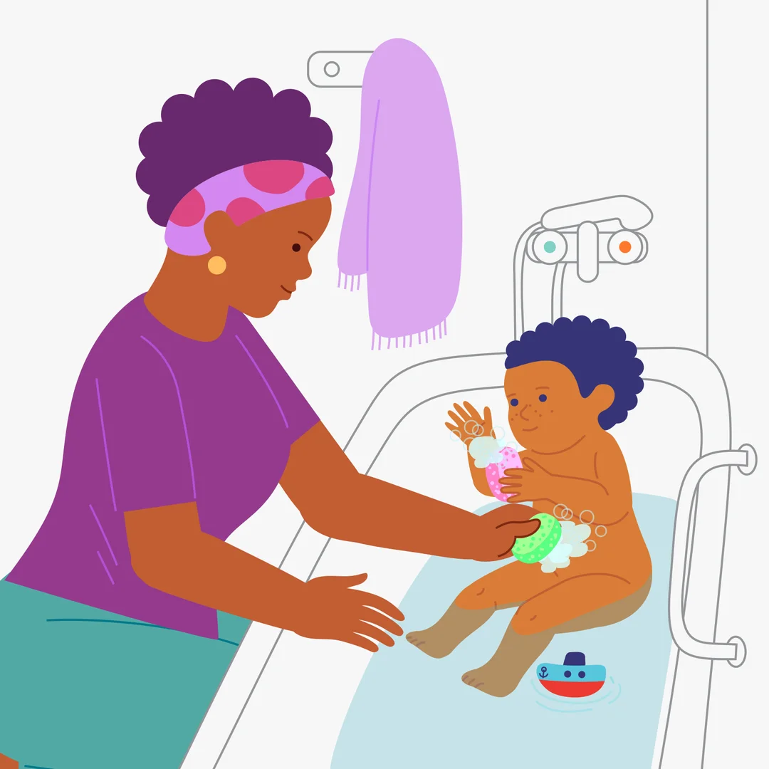 Illustration for “Bath Time”, step 2: Help your child get into the bath.