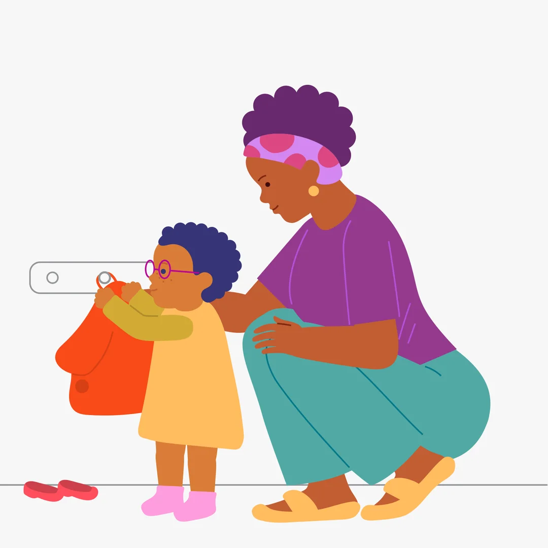 Illustration for “Unzipping and Taking Off a Jacket”, step 3: Comment: “Well done, you took off your jacket, and now hang it up.” Help the child take the jacket by the collar and hang it on a hook.