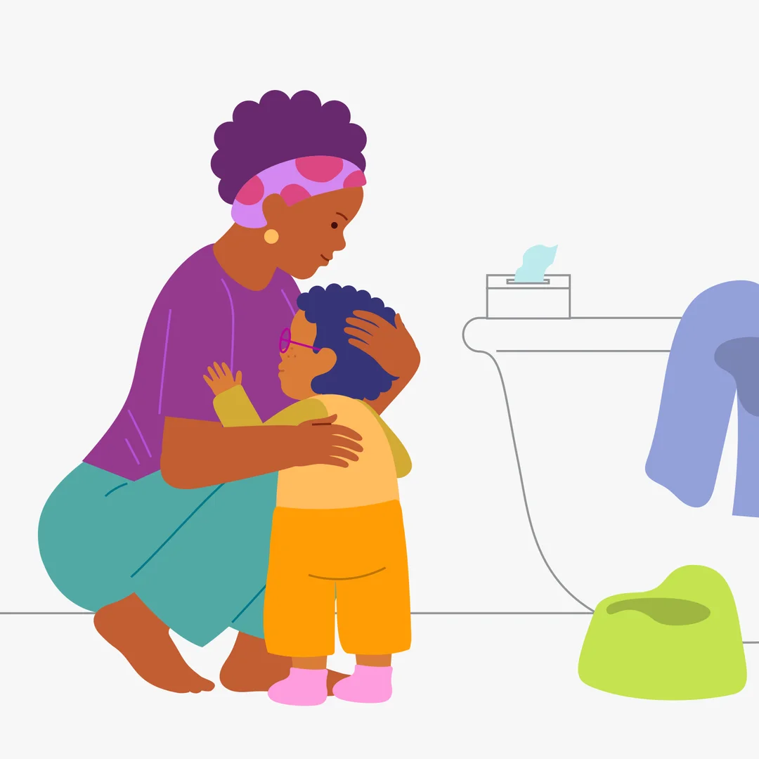 Illustration for “Toilet Time: What's Happening to Me?”, step 3: After the child has sat on the potty, say: “Good job, you sat on the potty, you tried.
