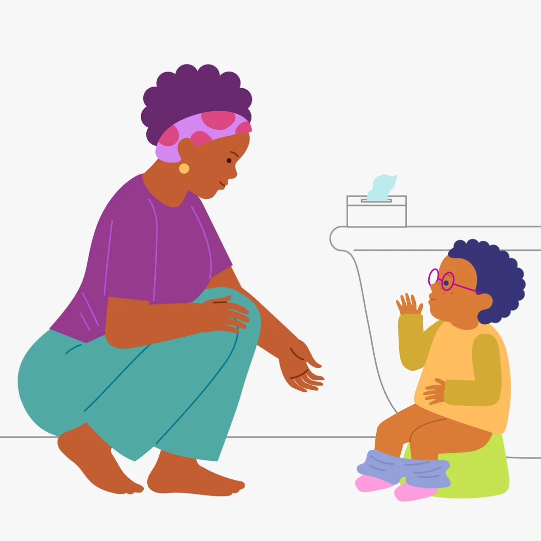 Illustration for “Toilet Time: Learning to Ask to Go”, step 2: Quickly sit the child on the potty: “Good job, you asked and now you’re sitting on the potty.” Even if the child has already gone in their pants, still sit them on the potty and
