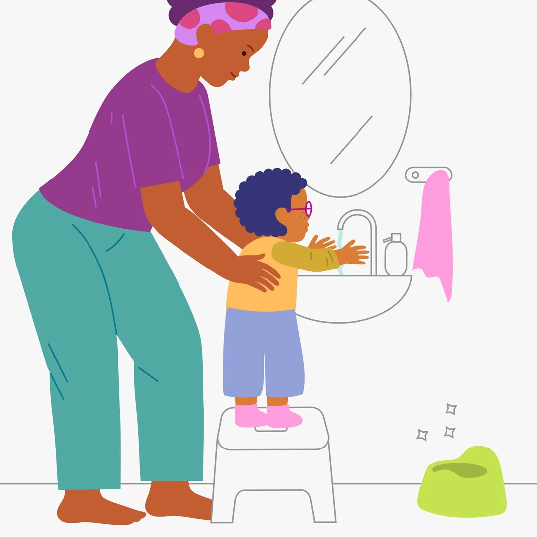 Illustration for “Toilet Time: Learning to Ask to Go”, step 3: Praise the child, help them get up from the potty: “All done?