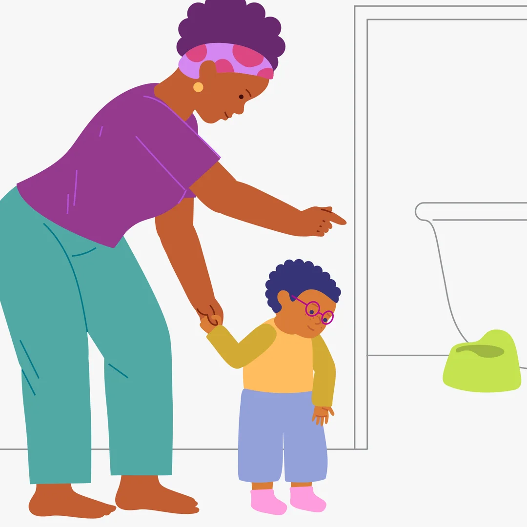 Illustration for “Potty Training: I Can Do It!”, step 1: Choose a comfortable potty or toilet seat insert that the child can use independently: sit down by themselves and sit for some time.