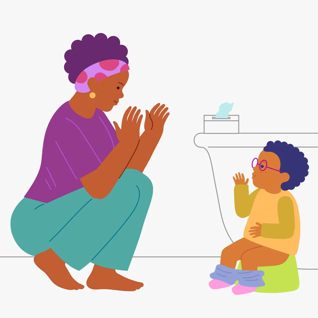 Illustration for “Potty Training: I Can Do It!”, step 2: When you reach the place where the potty is always kept or where the toilet is set up, ask the child: “Take off your pants and sit down.” Help the child take off their pants if needed