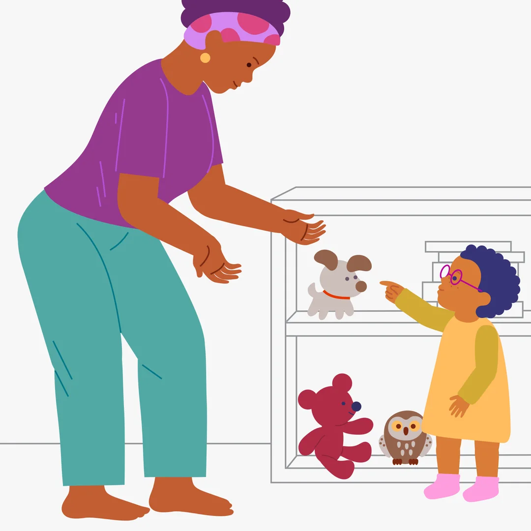Illustration for “Find Your Toy”, step 1: Invite your child to play hide‑and‑seek with a toy.