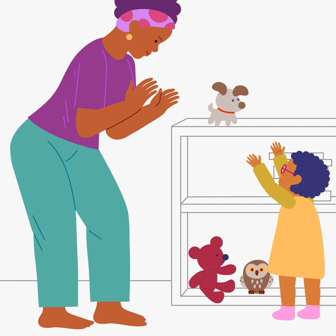 Illustration for “Find Your Toy”, step 2: Place the dog on a shelf so your child needs to reach up to get it.