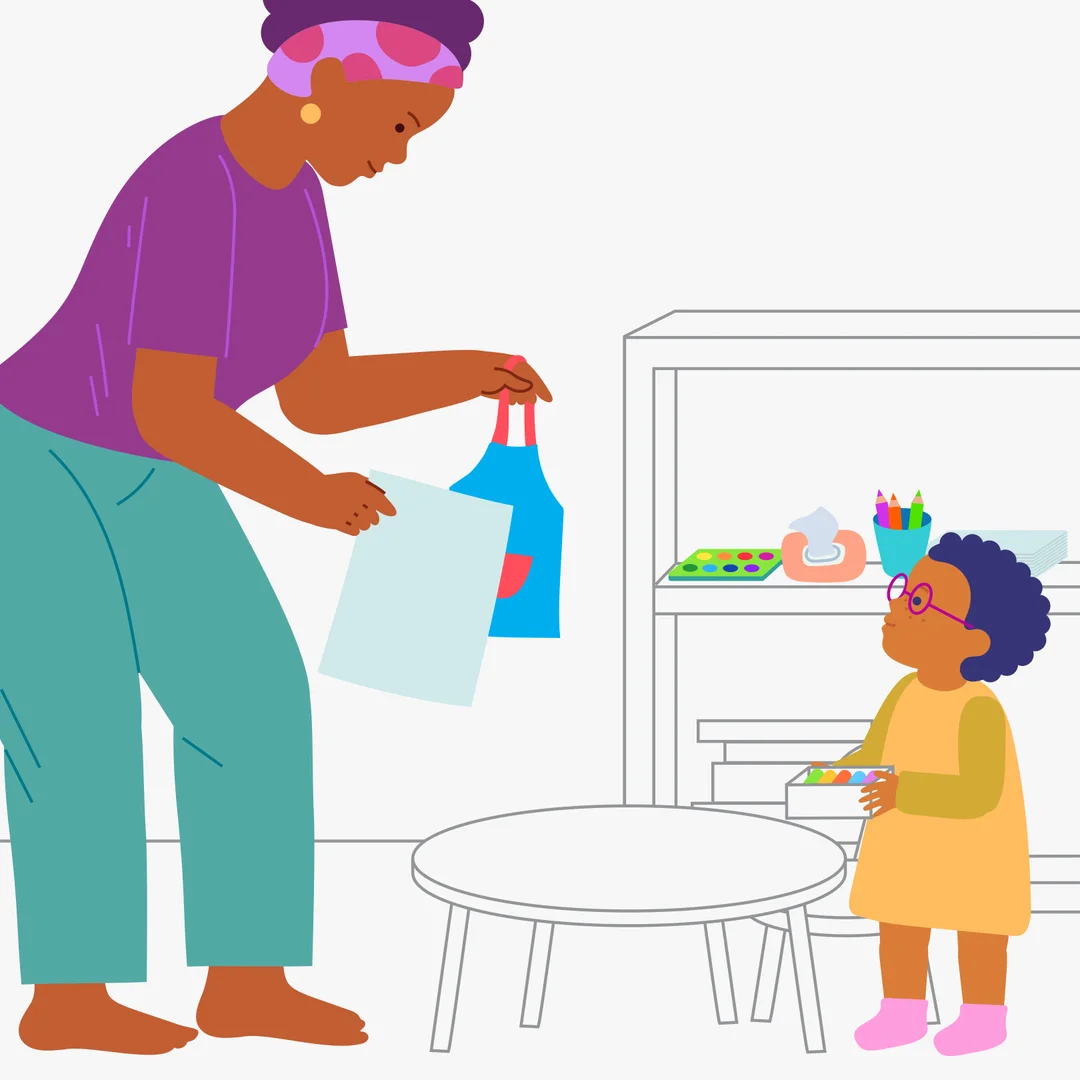 Illustration for “What Did We Make? Drawing Circles”, step 1: Invite your child by name and say, “{{CHILD_NAME}}, would you like to draw with me?