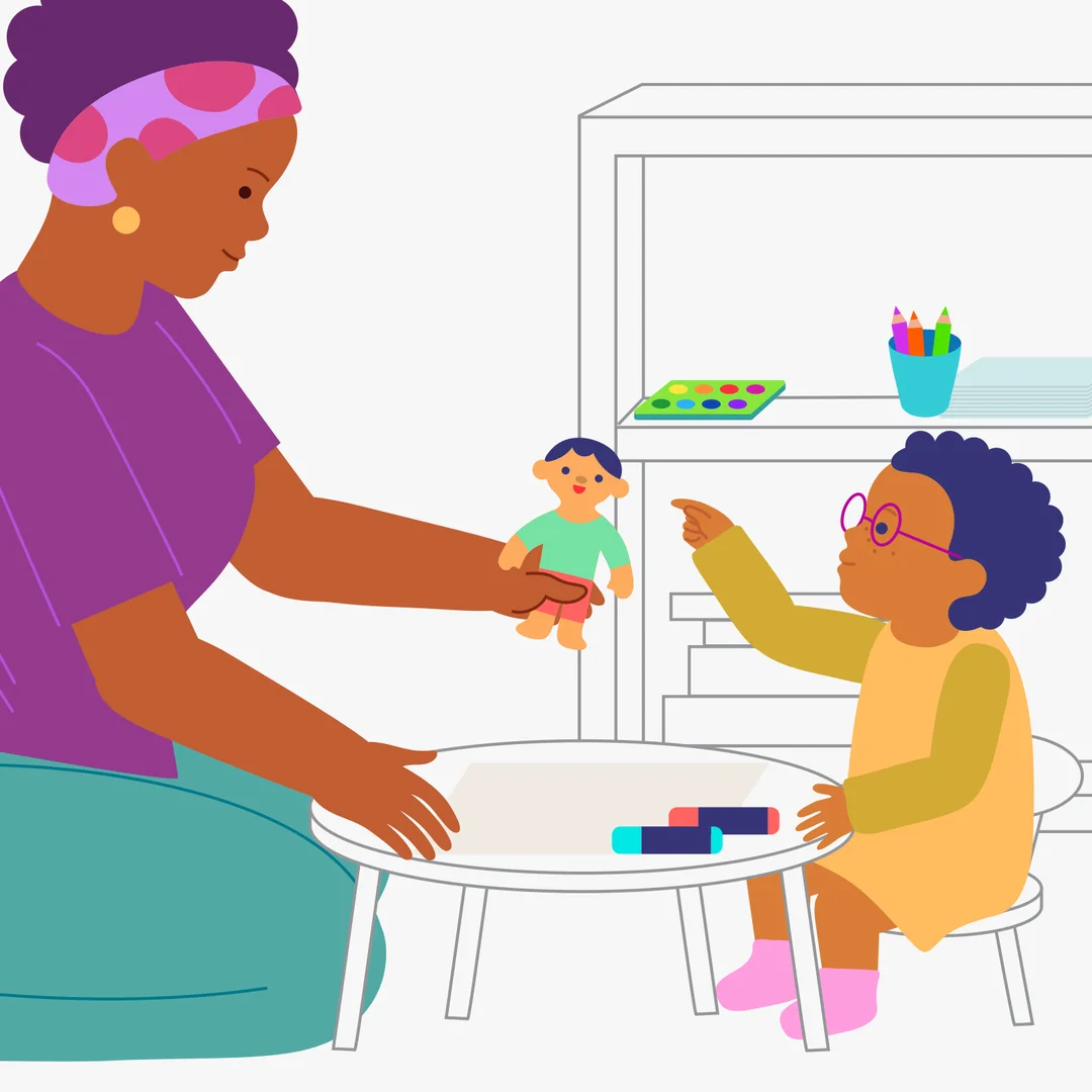 Illustration for “Drawing a Face”, step 1: Show your child a toy baby and say, “{{CHILD_NAME}}, look at this baby.