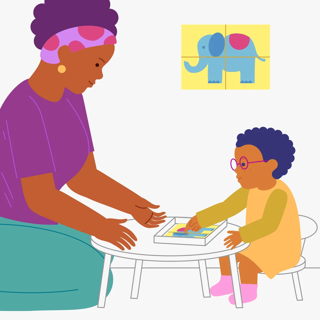 Illustration for “Puzzle Time”, step 1: Prepare four-piece puzzles with a large picture and no extra details.