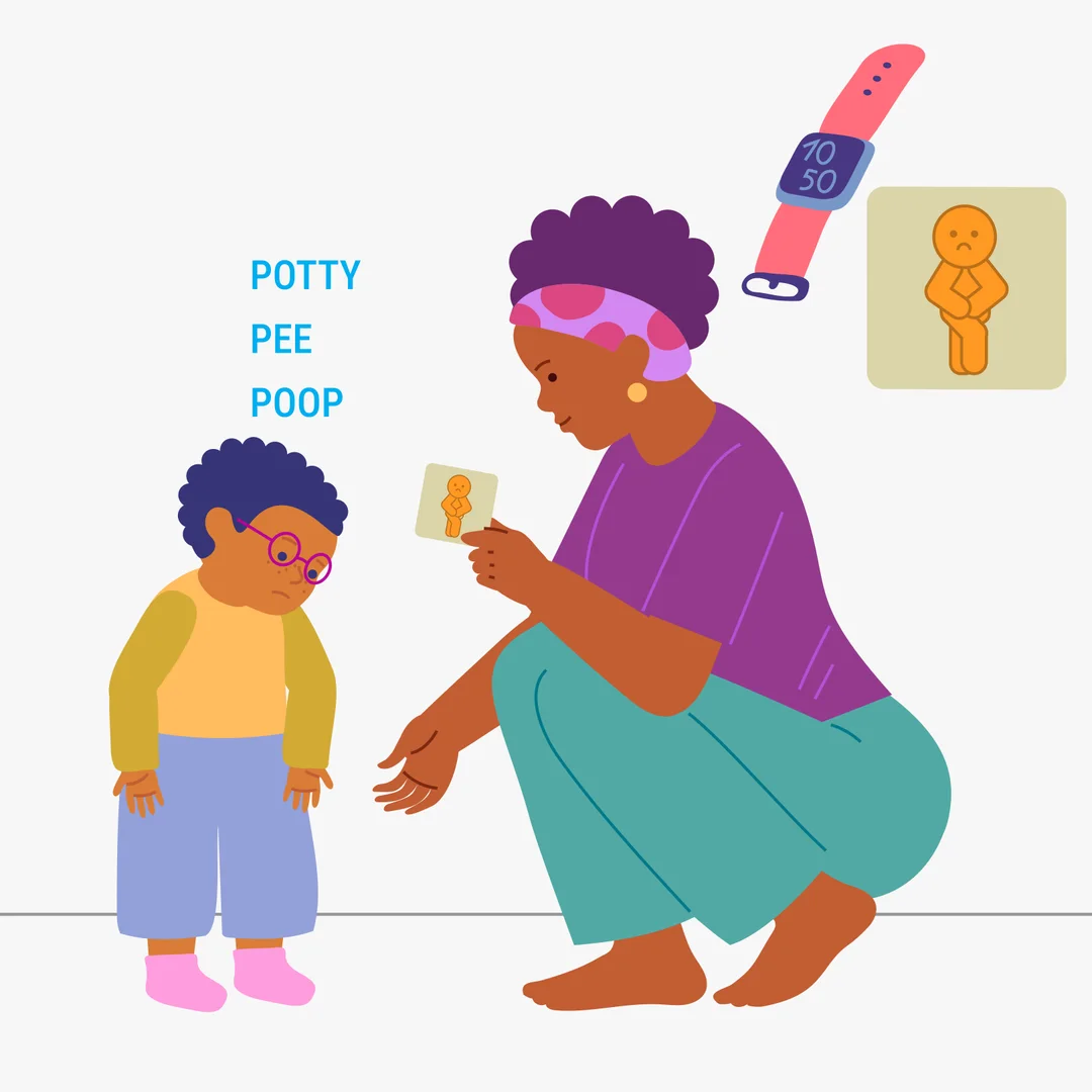 Illustration for “Potty Time: A reminder for your child”, step 1: Offer your child the opportunity to use the potty at roughly the same times each day, tying the procedure to the daily routine: after the morning nap and the daytime nap, bef