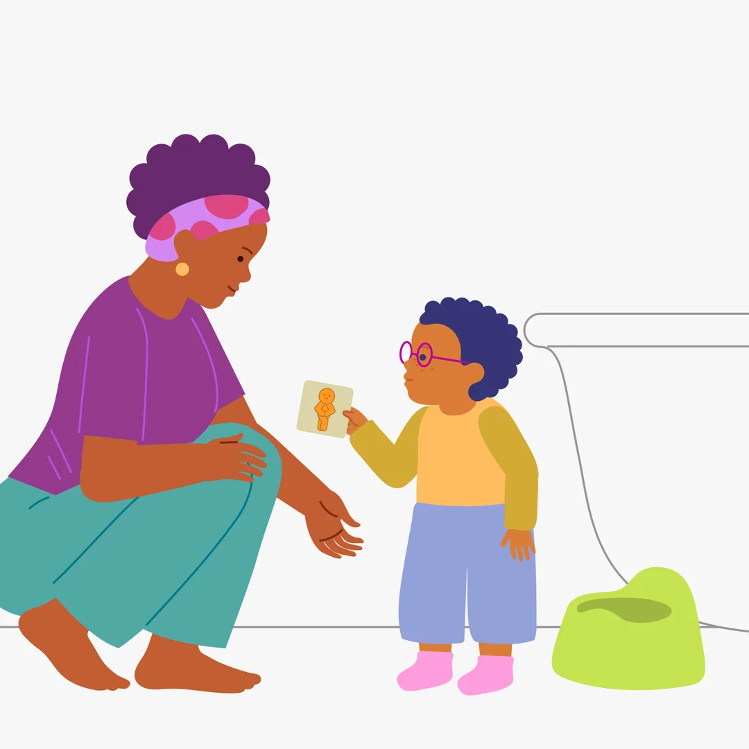 Illustration for “Potty Time: A reminder for your child”, step 3: At the end of the procedure, praise the child, drawing attention to clean underwear: "Well done, you went to the potty/toilet, your underwear are clean!"  If an accident happ
