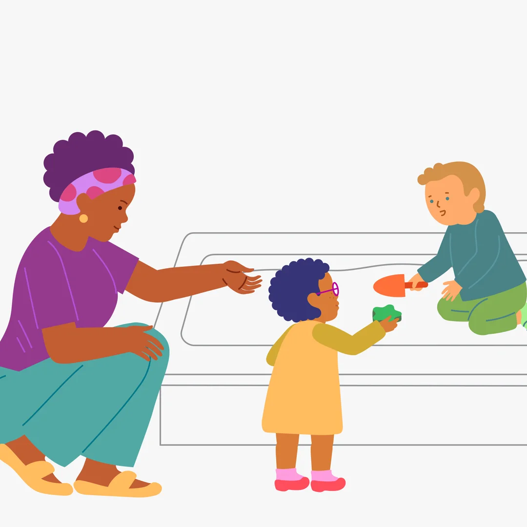 Illustration for “Playing with Friends”, step 1: When getting ready for a walk, talk with your child about what you will bring with you.