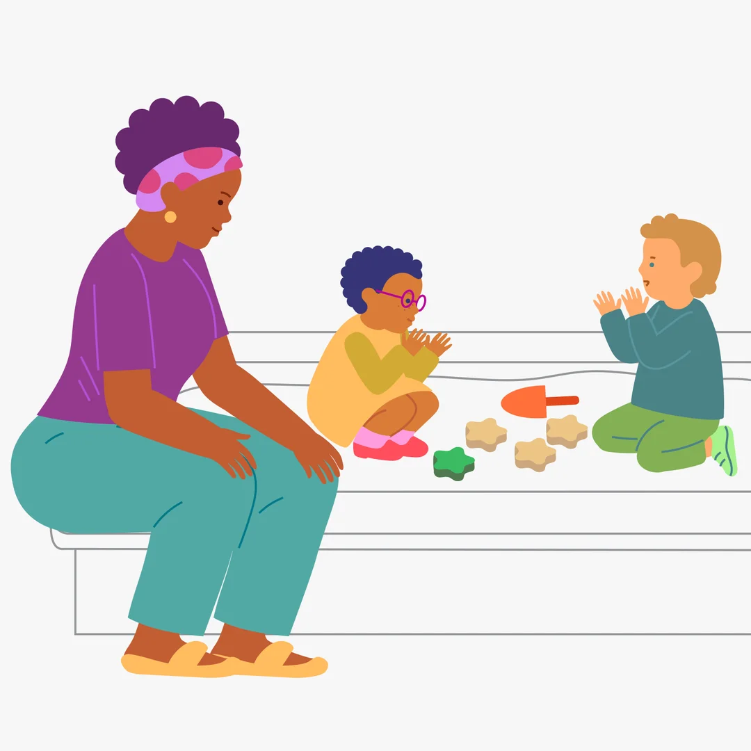 Illustration for “Playing with Friends”, step 2: Draw your child’s attention to other children’s reactions: “Look, we helped Petya make sand cakes, and Petya was happy,” or “Petya doesn’t want to play with us.