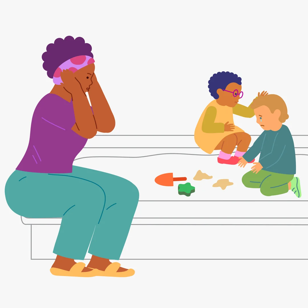 Illustration for “Playing with Friends”, step 3: If unpleasant situations happen during play, also name what happened and the feelings: “Look, Petya fell down and is crying.